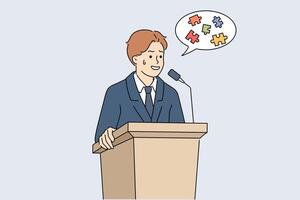 Glossophobia in man speaking in front of audience, and suffering from confusion in thoughts vector