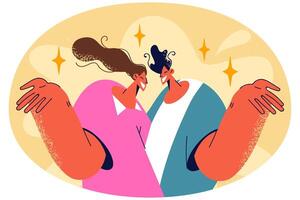 Smiling couple make hand gesture pose together vector