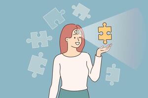 Woman uses intuition to choose right solution from several options, and has third eye in forehead vector