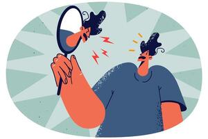 Confused man see angry reflection in mirror vector