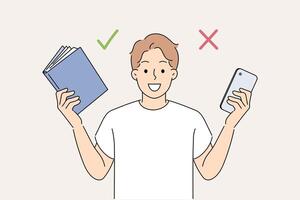 Man chooses between book and mobile phone to spend free time or reading educational literature vector