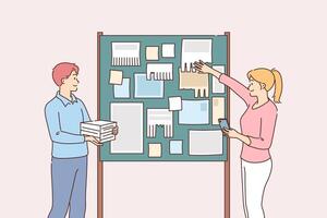 Man and woman are posting advertisements on board, trying to find new clients and customers vector