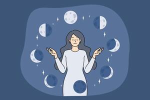 Woman is interested in astrology and follows phase of moon for esoteric practices vector
