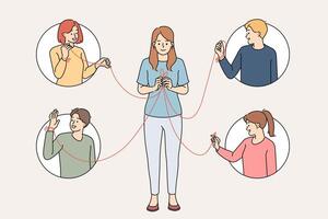 Woman uses networking and social connections to connect different people and team building vector
