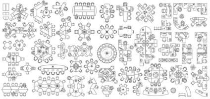 Set of modular office desks, interior layout of the cabinet. Floor plan, top view, collection of working tables, chairs, office furniture thin line icons for planning vector