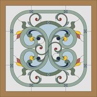 Ceiling panels stained glass window. Abstract flower, swirls and leaves in square frame, geometric ornament, symmetric composition vector