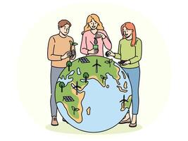 Human volunteers near globe and place trees and wind or solar generators on planet to combat CO2 vector