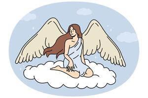 Woman angel with large wings sits on flying cloud in heaven, symbolizing innocence and purity vector