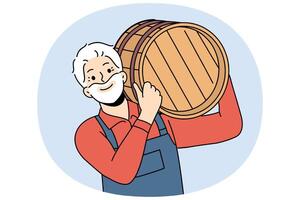 Man winery owner carries barrel of wine on shoulder and smiles, rejoicing at good grape harvest vector