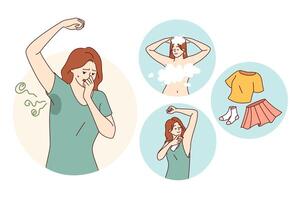 Woman fights smell of sweat by using deodorant and putting on clean clothes after taking shower vector