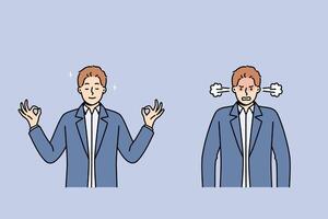 Calm meditating man turns into angry businessman due to constant problems in career vector