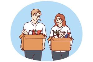 Dismissed man and woman with boxes leave workplaces after reduction of company staff due to crisis vector