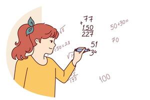 Teen girl writes complex mathematical formulas on blackboard participates in mathematics olympiad vector