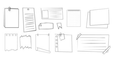 Memo sticky note reminder sheet paper. Doodle paper frame, check list with pin, tape, paperclip elements. Set cute notes, office or school messages. vector