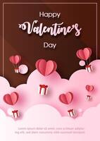 Many gift box with heart balloon floating on pink big clouds in paper cut style with Valentine's day wording and example texts on dark chocolate color background. vector