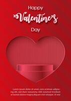 Poster advertising with product stage of Valentine's day celebration in 3d and paper cut style with Valentine's day wording and example texts on red background. vector