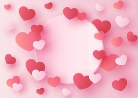 Many hearts with circle banner in paper cut style on pink gradient background. vector