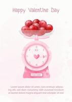 Pile of red hearts placed on a pink antique scale with Valentine's day wording and example texts on pink watercolor background. vector