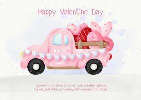 Pink retro truck delivery party balloon in a heart shape in watercolor style and example texts on blue and white paper pattern background. vector