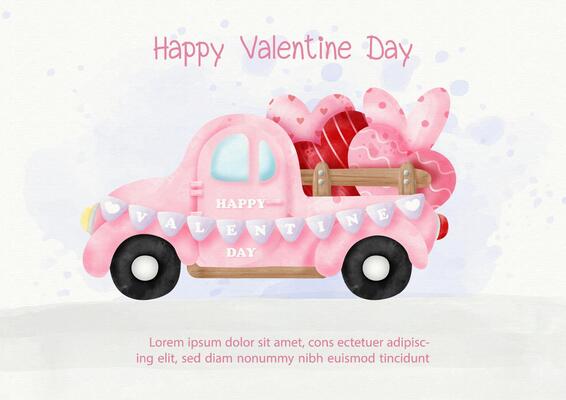 Pink retro truck delivery party balloon in a heart shape in watercolor style and example texts on blue and white paper pattern background.