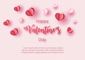 Red and pink hearts flying around Valentine's day wording and example texts on pink paper pattern background. Valentine's day greeting card in paper cut style vector