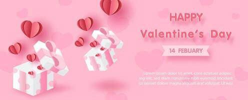 Valentine's day greeting card, web poster design with open gift box and flying red hearts with Valentine's day wording and example texts on pink background vector
