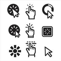 A set of black icons that include a clock, clock, and hand vector