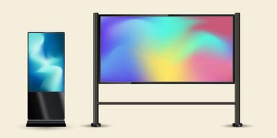 Set of two different styles of Large LED Screen Mock up with black realistic stand for outdoor-indoor street LED screen Mock up design. The TV LED monitor vector