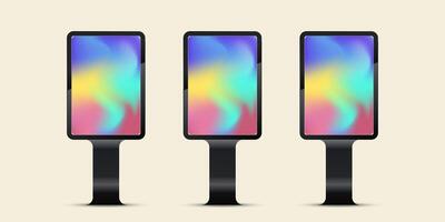 Group of three Digital Stand Signage LED Displays Mockup with Digital Stand Signage LED Display Mockup Full color P3 Outdoor Large LED Screen Mock up with black realistic stand. vector