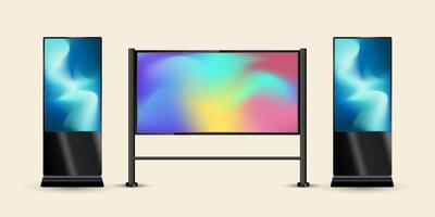 Three different styles of Large LED Screen Mock up with black realistic stand for outdoor and indoor street LED screen Mock up design. The TV LED monitor. vector