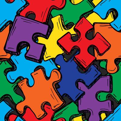 Colorful seamless puzzle pattern. Trendy print with hand drawn pieces of puzzle. Modern print for textile, fabric, wallpaper, wrapping, scrapbook and packaging
