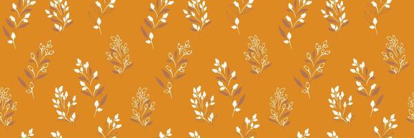 Simple seamless pattern with shapes tiny branches leaves, buds with drops. Vintage yellow floral print. hand drawn sketch. Nature ornament for designs vector