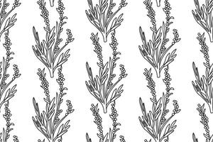 Line art botanical branches with leaves and berries seamless pattern abstract background. Black and white outline repeating plants trees illustration. Graphic design for Wallpaper Print Cover vector