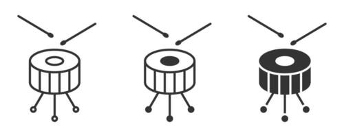 Drum icon with sticks, shown in outline and solid styles. vector