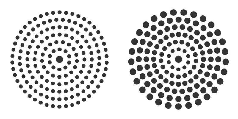 Circular sunburst pattern with gradient dots in two variations.
