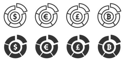 Currency pie chart icons with dollar, euro, pound, and bitcoin symbols. vector