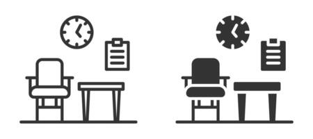 Chair, table, clipboard, and clock icons representing a waiting area. vector