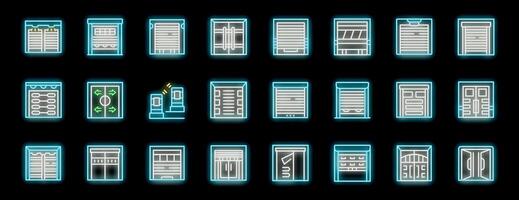 Neon garage doors icons showing different styles and mechanisms vector