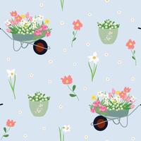 Beautiful seamless floral pattern with spring flowers tulips, daffodils and garden cart. Endless pattern can be used for fabric, wallpaper, pattern fills, web page background, surface textures. vector