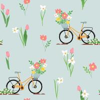 Beautiful seamless floral pattern with spring flowers tulips, daffodils and bicycle. Endless pattern can be used for fabric, wallpaper, pattern fills, web page background, surface textures. vector