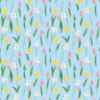 Beautiful seamless floral pattern with spring flowers tulips and daffodils. Endless pattern can be used for fabric, wallpaper, pattern fills, web page background, surface textures. vector