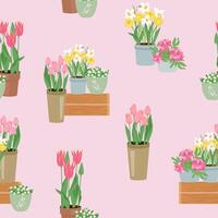 Beautiful seamless floral pattern with spring flowers tulips, daffodils in the pots. Endless pattern can be used for fabric, wallpaper, pattern fills, web page background, surface textures. vector
