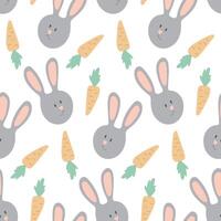 Seamless Pattern with Cute Gray Bunnies and Carrots on a White Background vector
