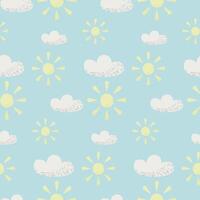 Seamless Pattern with Yellow Suns and White Clouds on a Light Blue Background vector