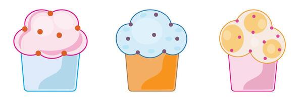Colorful cupcakes with various frosting styles are displayed. vector