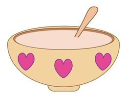 A decorative bowl featuring pink hearts and a spoon. vector