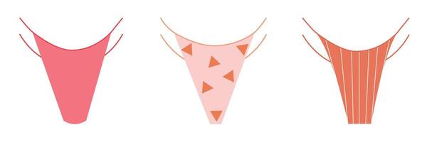 Three unique swimsuit designs featuring playful patterns. vector