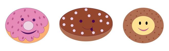 Three colorful donuts display cheerful faces and unique designs. vector