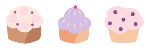 Three delicious-looking cupcakes with unique frosting styles vector