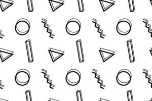 Minimalist black and white geometric pattern with abstract circles, triangles, rectangles, and zigzag lines. vector